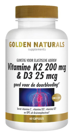 Vitamine K2 200 mcg & D3 25 mcg van Golden Naturals (60 vcaps)