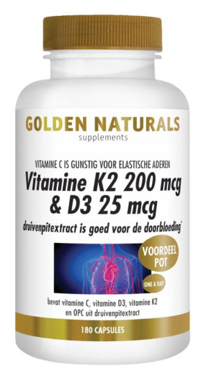 Vitamine K2 200 mcg & D3 25 mcg van Golden Naturals (180 vcaps)